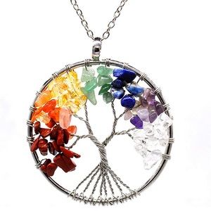 Natural Healing Crystals Quartz Tree of Life Necklace 7 Chakras Gemstone Pendant
